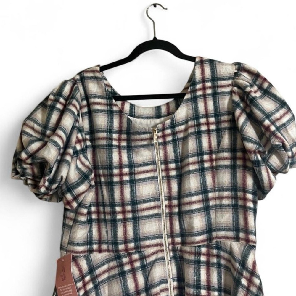 Ivy City Co Plaid Puff-Sleeve Dress in Cream, Green, and Red - Picture 4 of 9